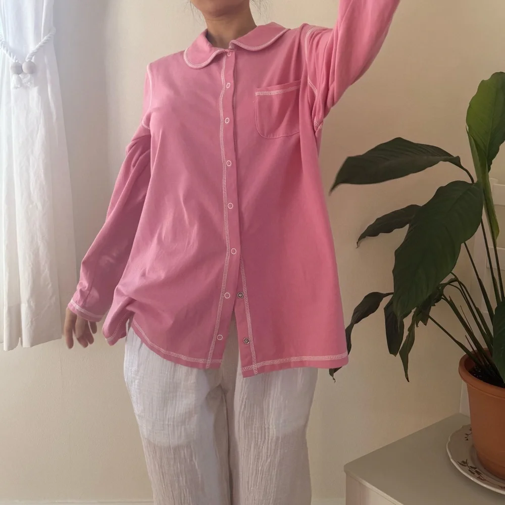 Denim & Company Cotton Pink Pajama Top With Snap Button Collared Size XL - Picture 7 of 11